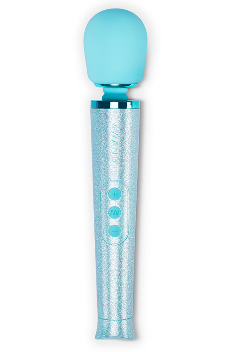 Le Wand Petite All That Glimmers wand in light blue silicone head and glittery turquoise handle with plus and minus buttons.