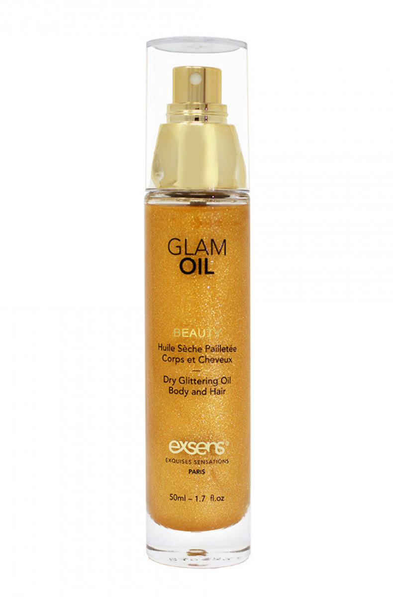 Exsens Gold Glitter Glam Oil bottle showing gold glitter suspended in sweet almond body oil, on a white background.