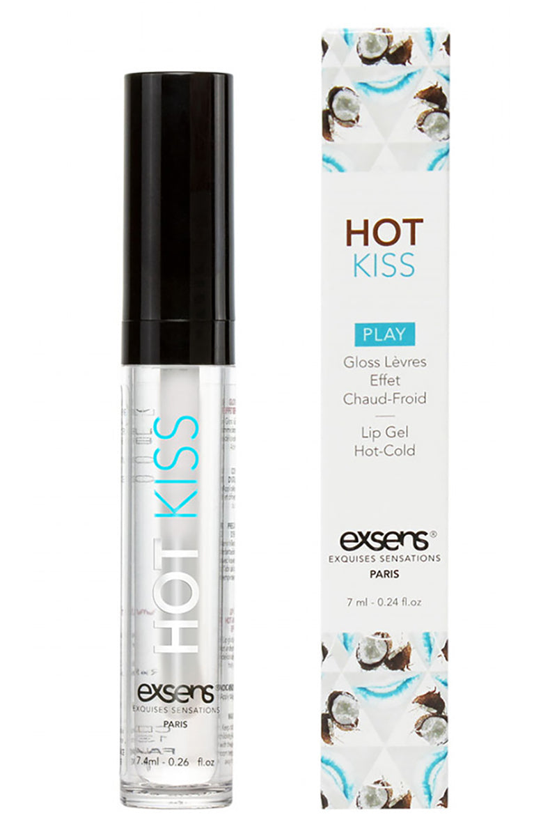 Second view of the Exsens Hot Kiss Coconut arousal lip gloss tube and carton.