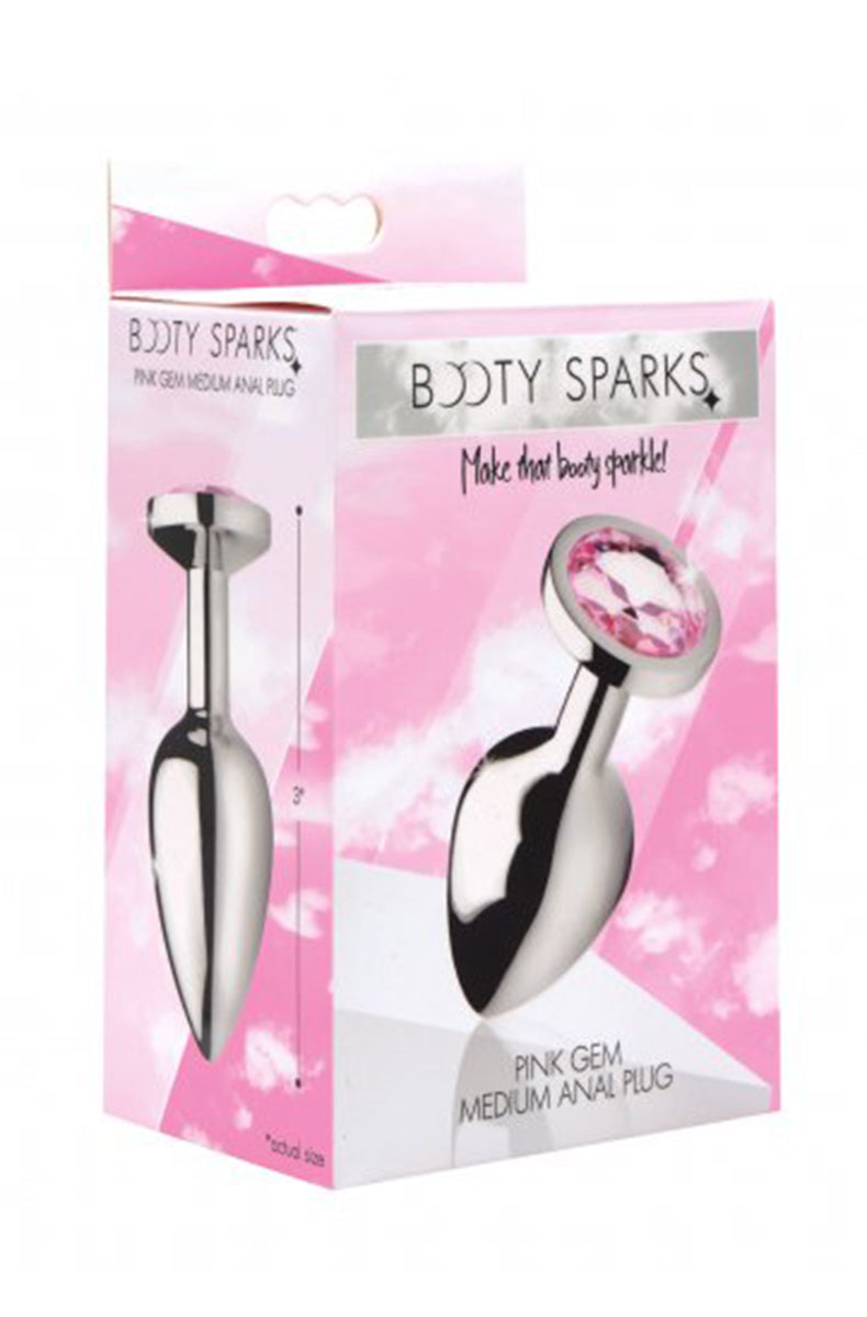 Side view of medium aluminum anal plug showing tapered shaft and pink gem base.