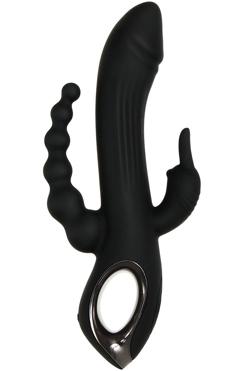 Side view of the Trifecta black silicone triple-stim rabbit: phallic shaft, clitoral arm, graduated anal bead arm.