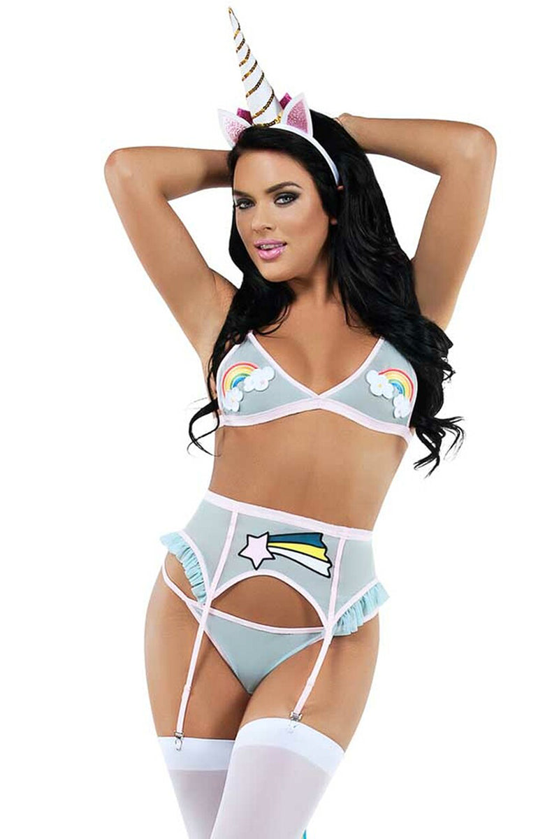 Four-piece lingerie set in pale grey-blue mesh with pink trim: triangle bralette with rainbow-and-cloud applique on each cup, high-waist garter belt with a shooting-star applique, g-string, and a unicorn-horn headband.