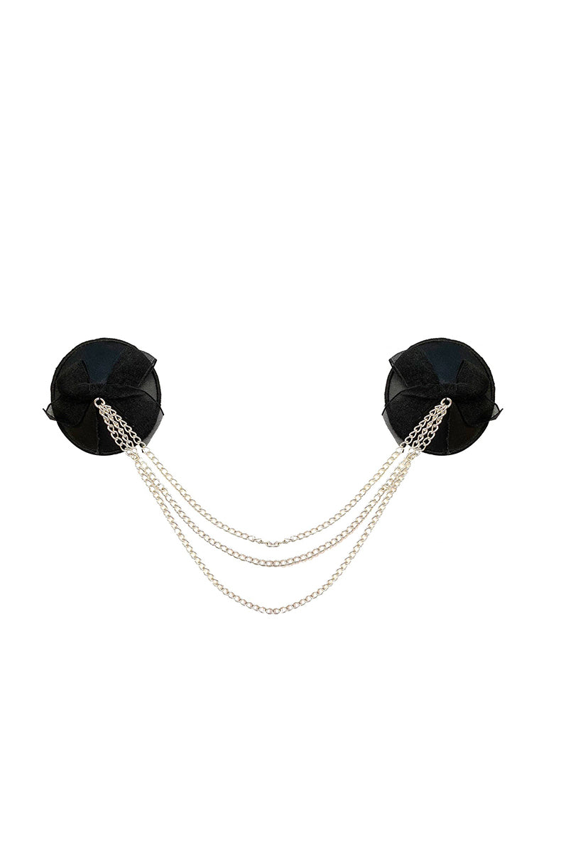 Two round matte black pasties with small black bows, joined by three graduated silver-tone chain swags.