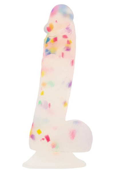Party Marty 7.5 inch frosted silicone dildo with rainbow confetti glitter, realistic texture, suction cup base.
