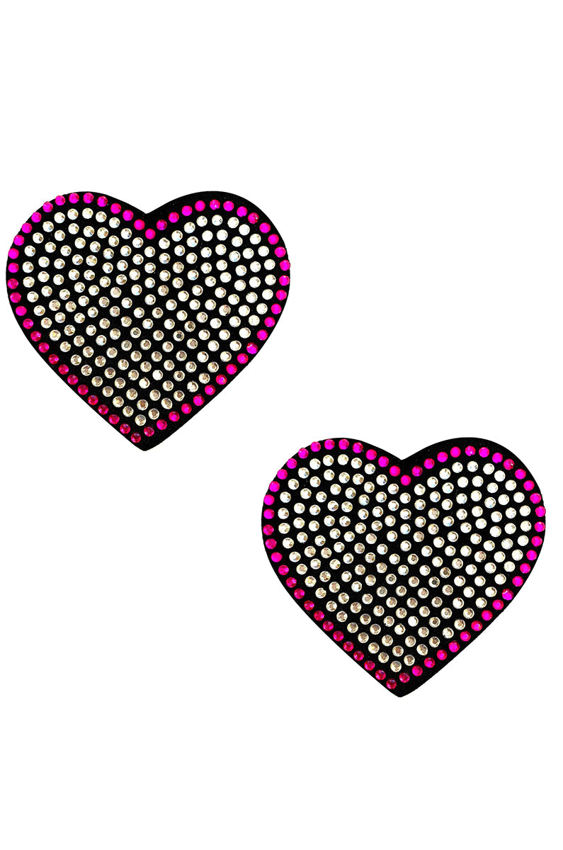 Two heart-shaped pasties in black with a dense grid of clear rhinestones across the center and a hot-pink rhinestone border.