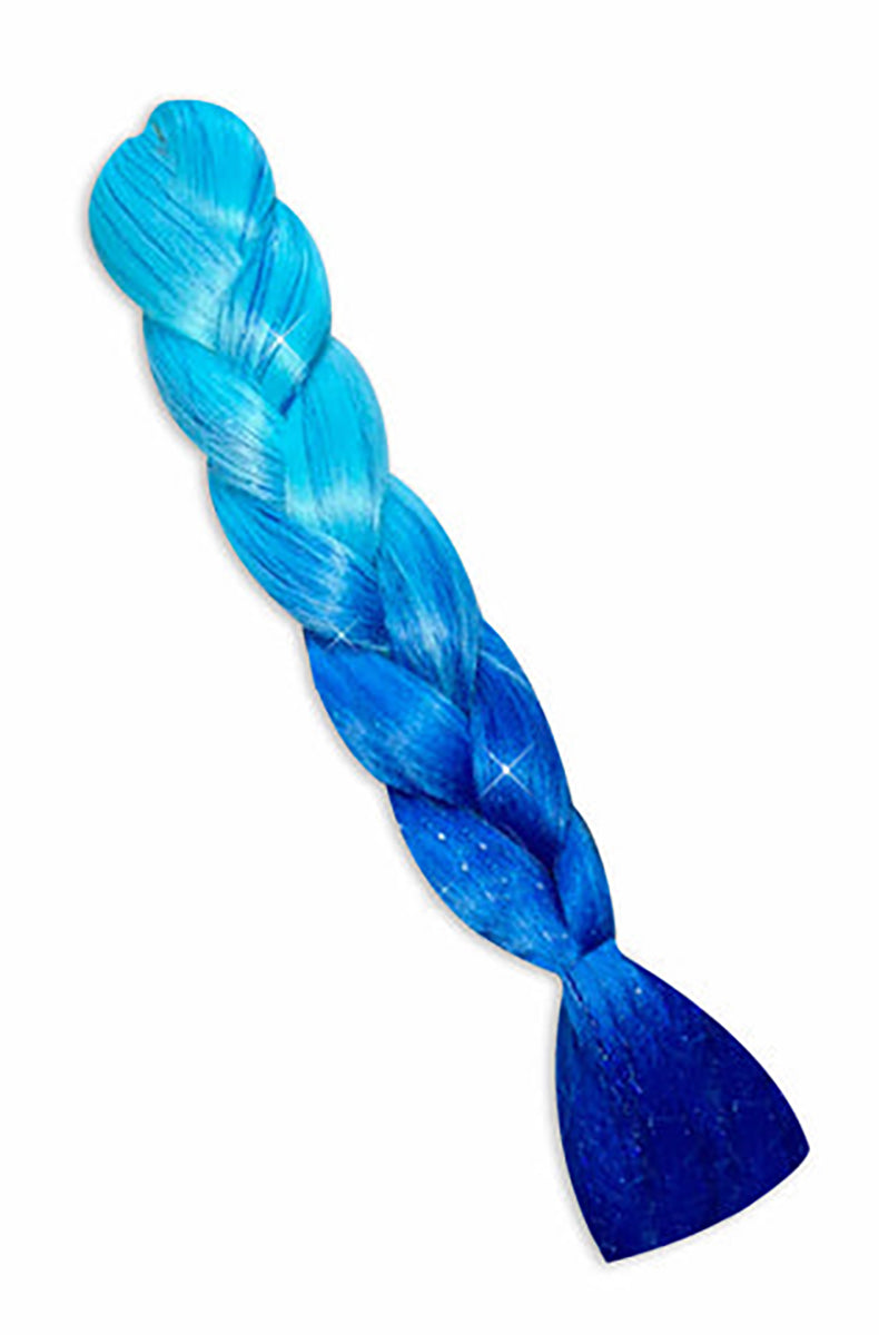 Jumbo bundle of synthetic hair fiber in a two-tone blue ombre running cyan to cobalt with reflective tinsel woven through, in packaged braid form.