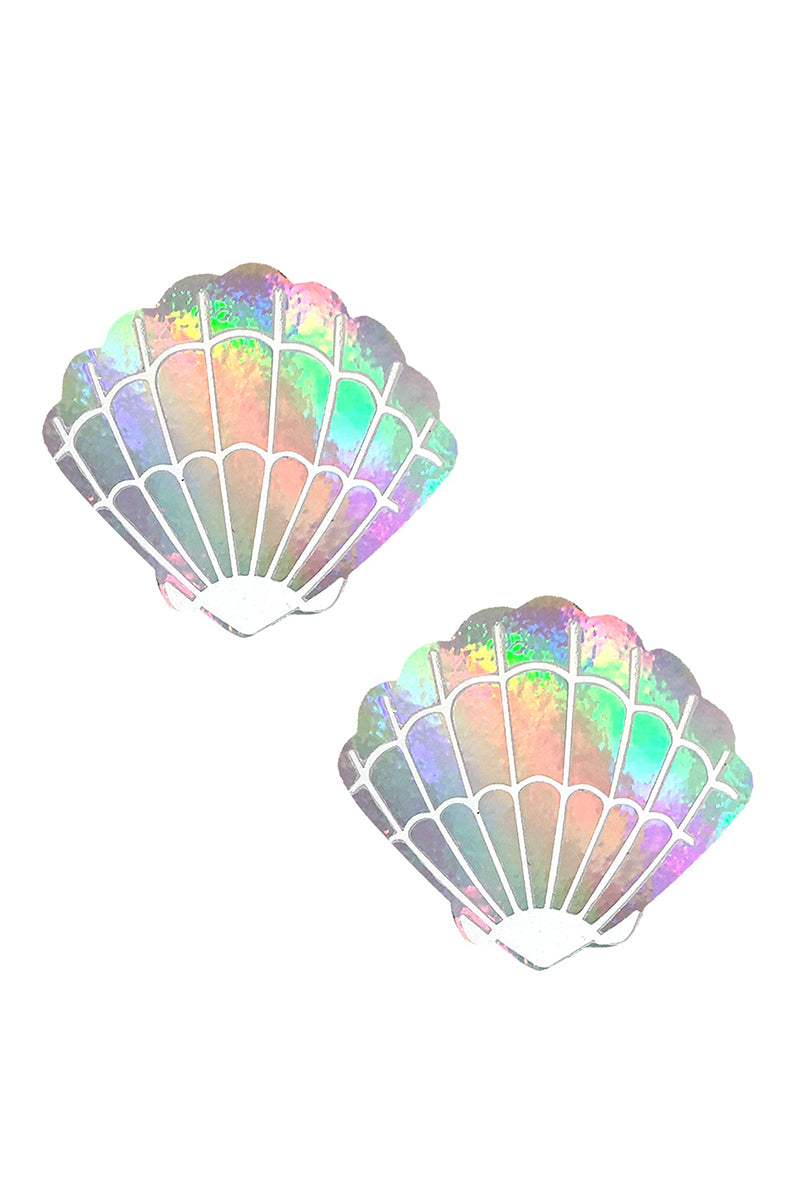 Two scallop-shell-shaped holographic pasties with white shell-rib outlines and a finish that shifts pink, blue, green, and purple.