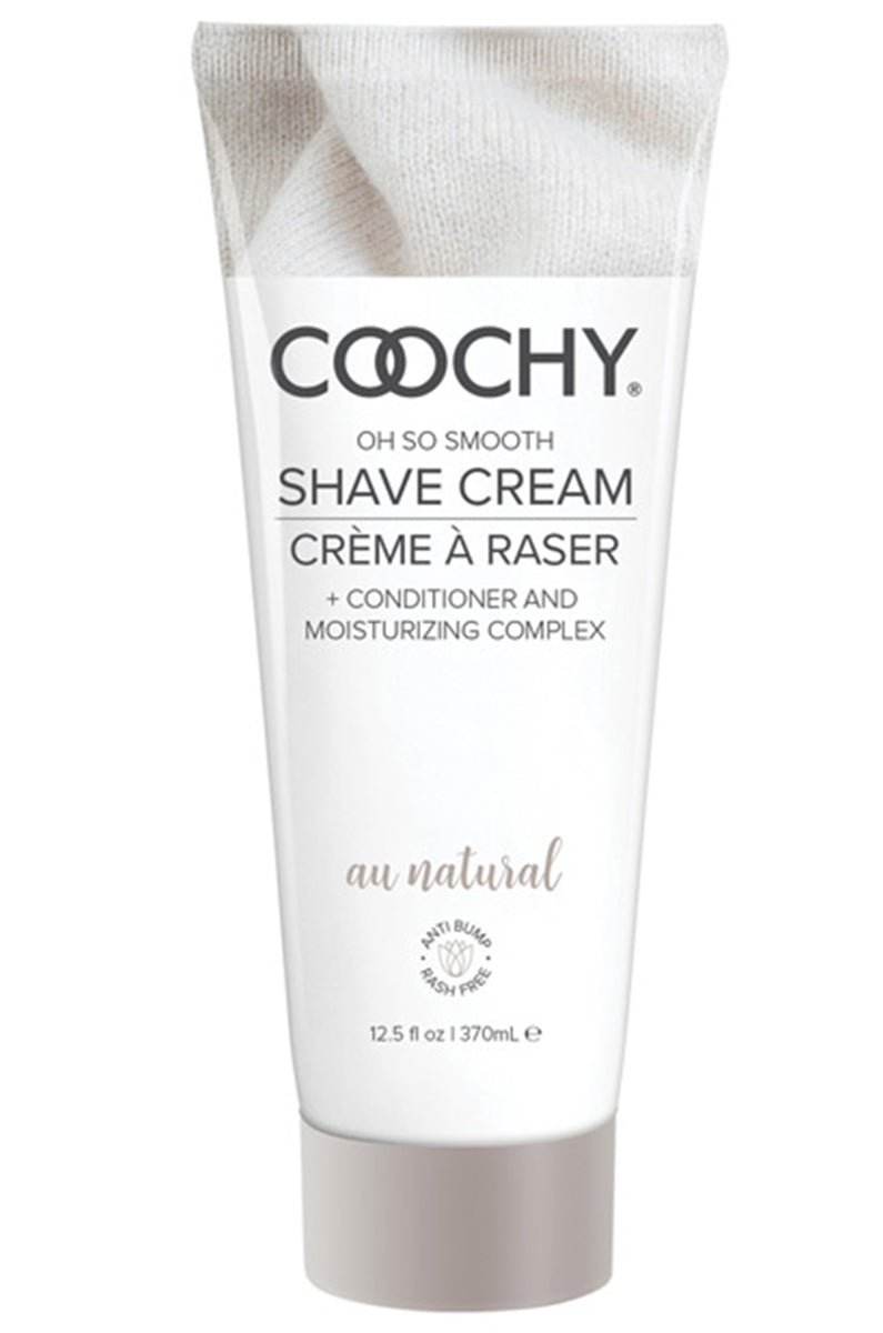 Coochy Rash Free Shave Cream bottle in Au Natural, white-and-pink label, on a white background.