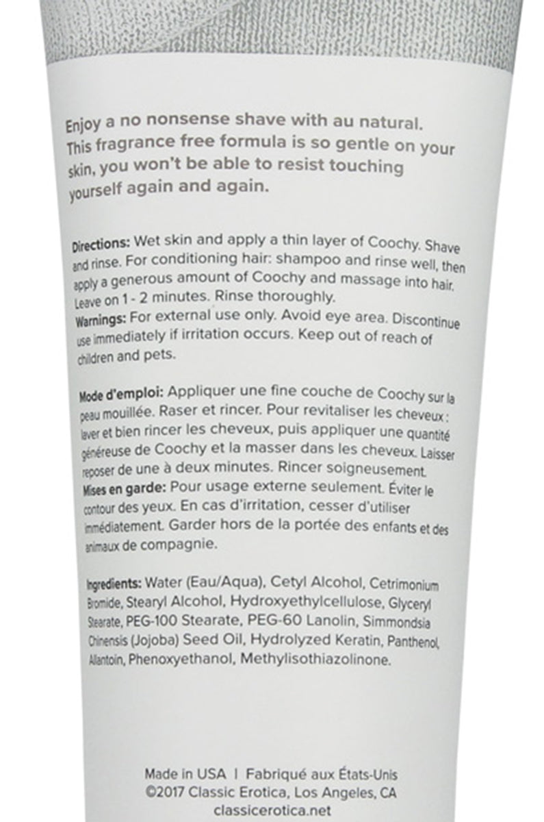 Coochy Rash Free Shave Cream Au Natural label closeup showing ingredient and brand text.
