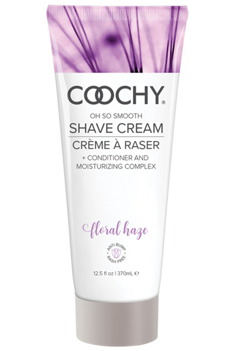 Coochy Rash Free Shave Cream bottle in Floral Haze, pink-and-white label, on a white background.