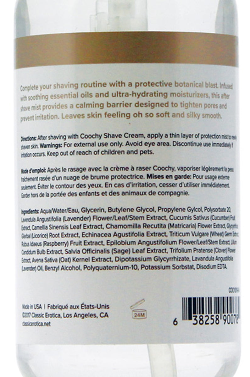 Coochy After Shave Protection Mist Botanical Blast label closeup showing ingredient and scent text.