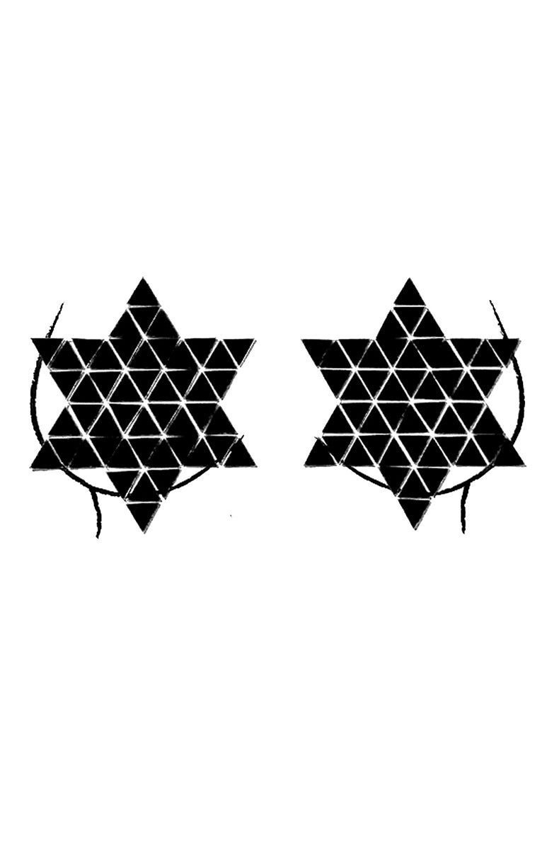 Two six-pointed star pasties built from a tessellated grid of triangle-cut black crystals.