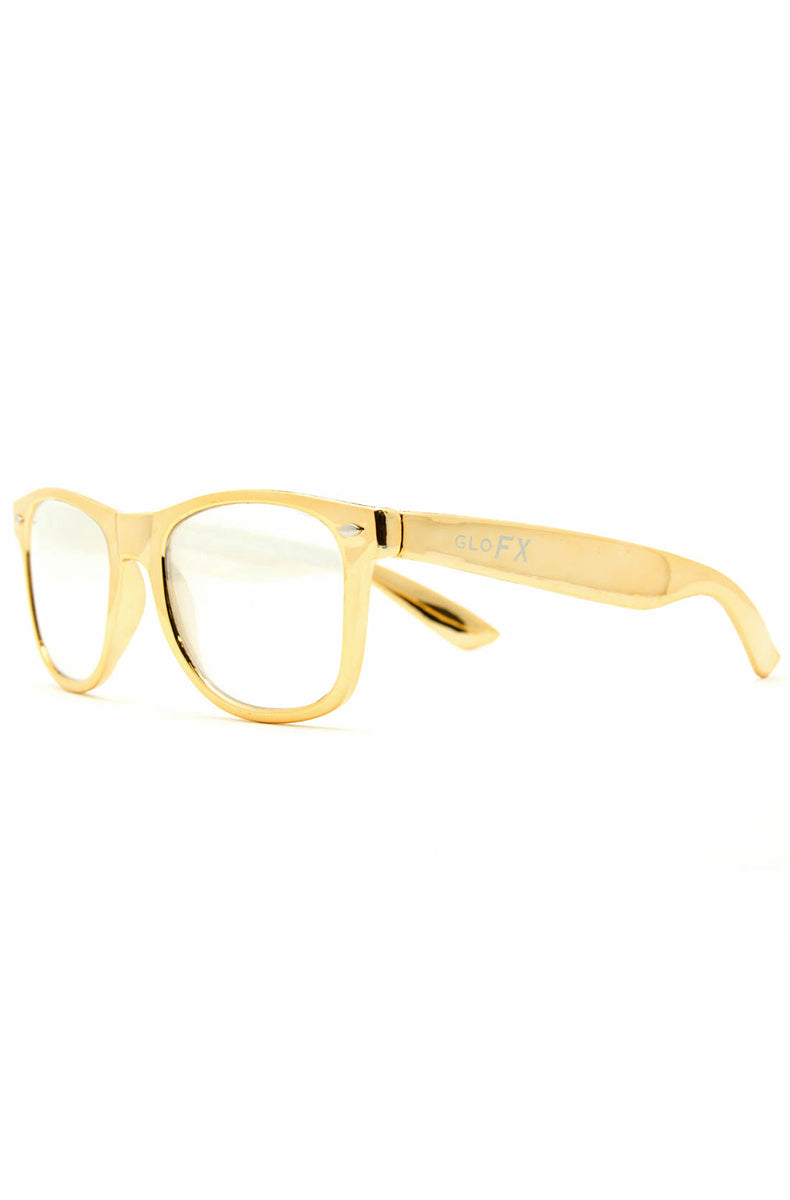 Wayfarer-style sunglasses with metallic gold frames, GloFX branding on the temple, and clear diffraction lenses.