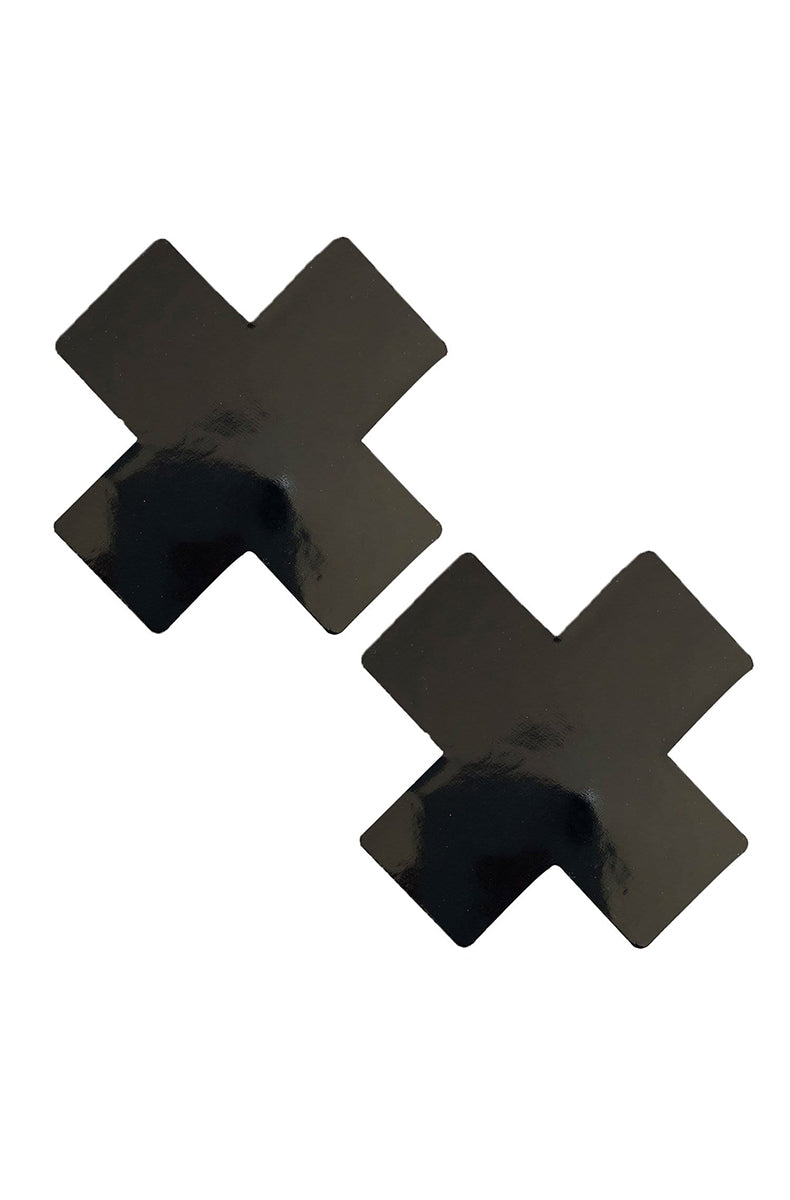 Two glossy wet-look black vinyl X-shaped pasties.