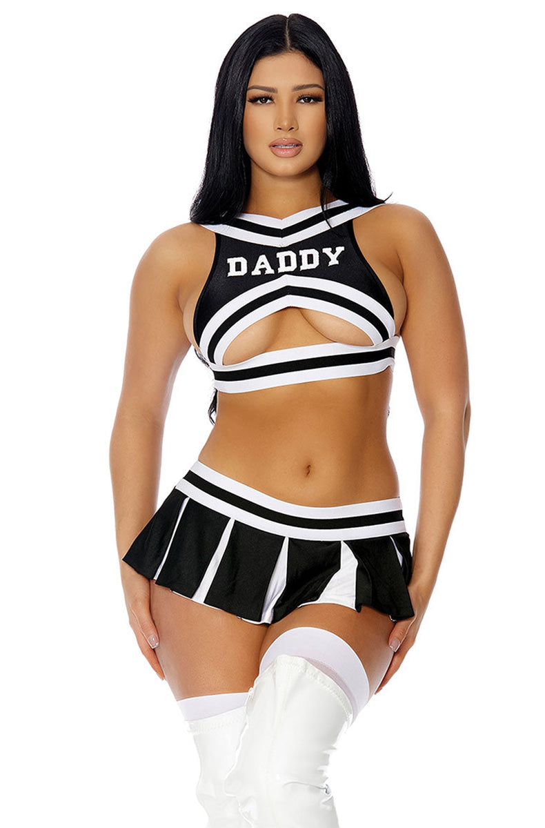 Black cheerleader costume with DADDY lettered across the bust, peek-a-boo underbust cutout, and matching black pleated mini skirt
