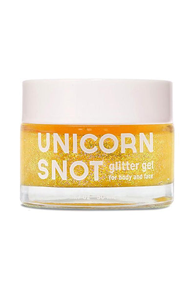 Unicorn Snot Glitter Gel in Gold tube with holographic packaging, on a white background.