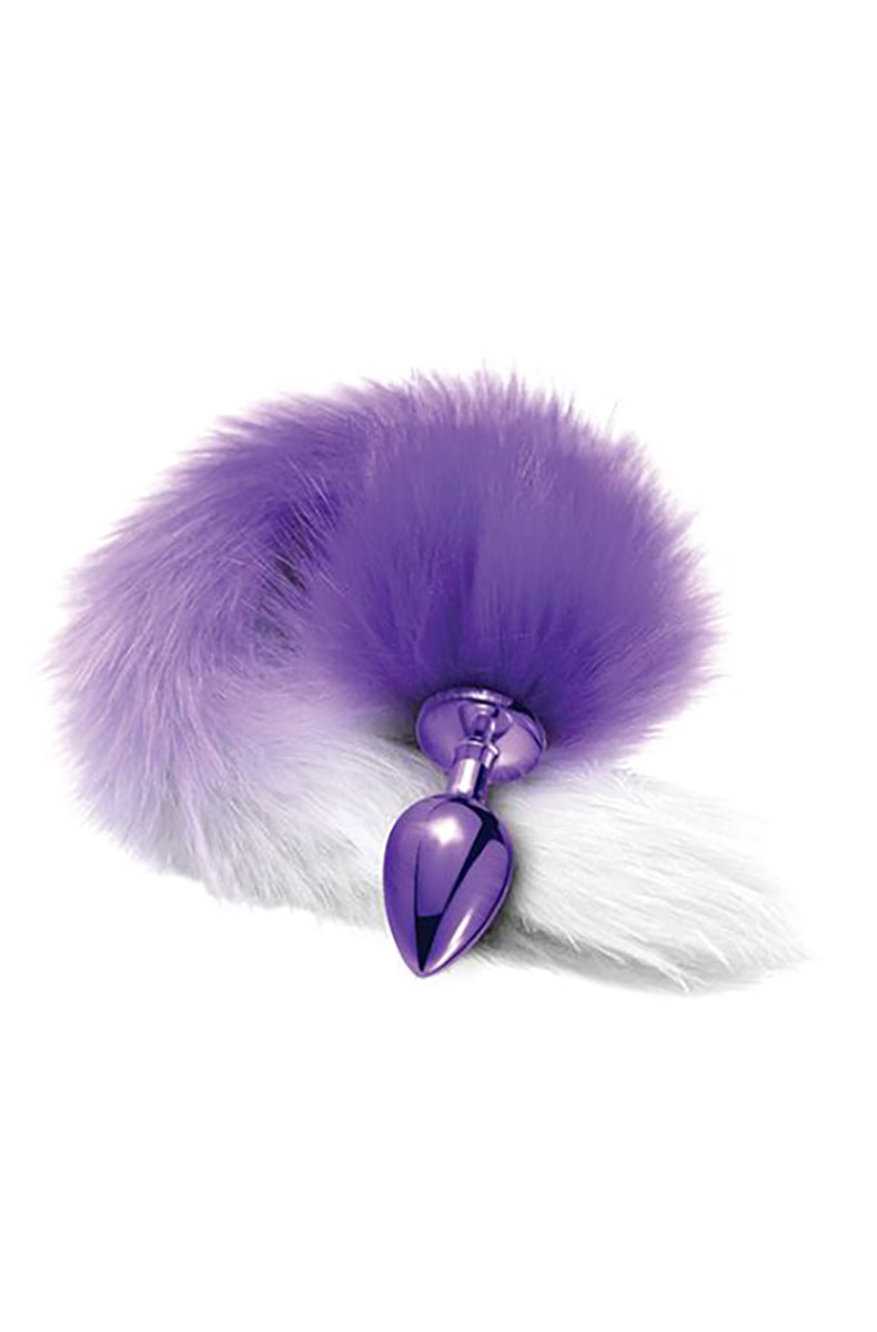 Metallic purple aluminum tapered butt plug with flared base, attached to a long purple-and-white ombre faux fur tail.