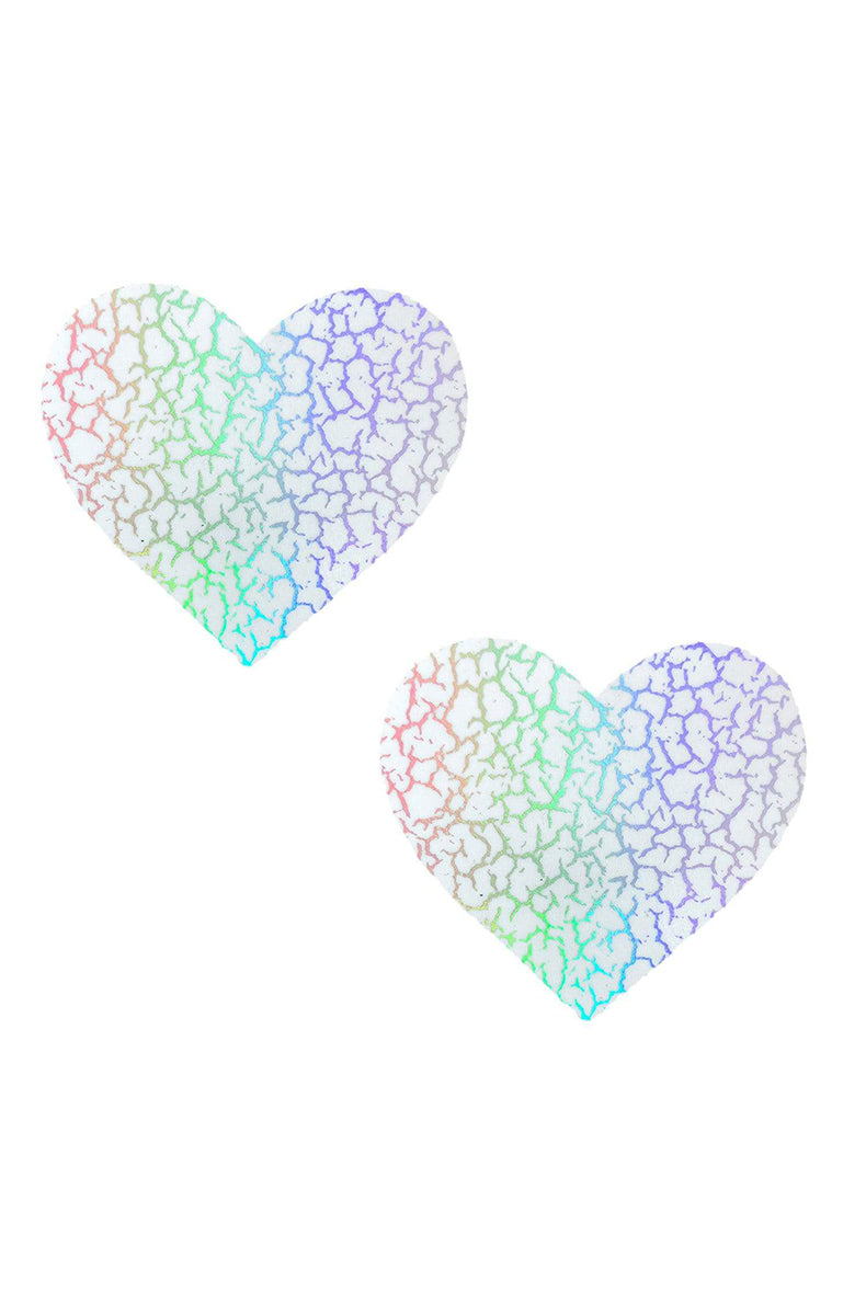 Two white heart-shaped pasties with a fine synaptic crackle pattern in pastel rainbow holographic colors.