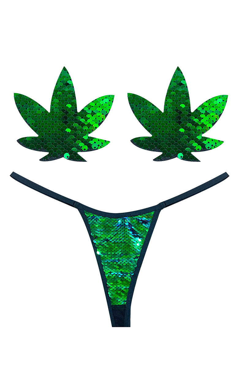 A two-piece set: green flip-sequin cannabis-leaf-shaped pasties and a matching green flip-sequin g-string with black elastic straps.