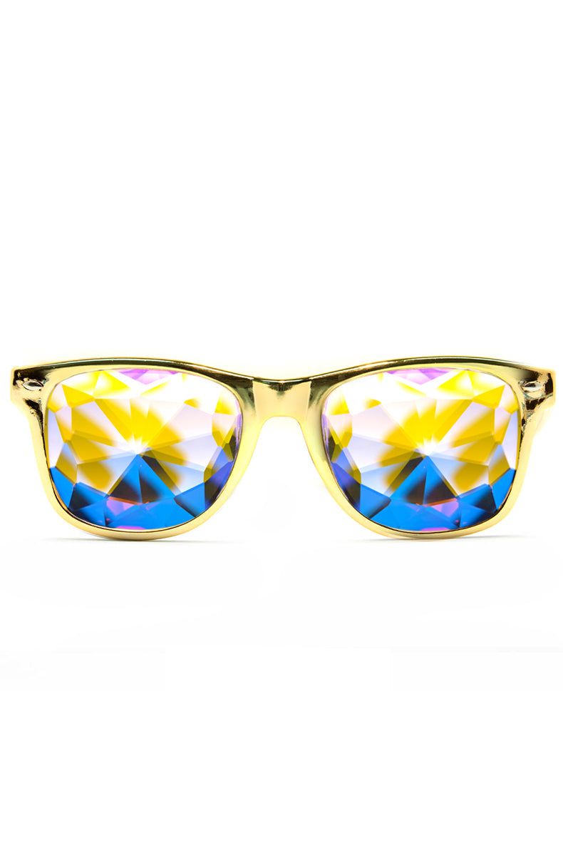 Wayfarer-style sunglasses with metallic gold frames, GloFX branding, and faceted iridescent kaleidoscope crystal lenses.