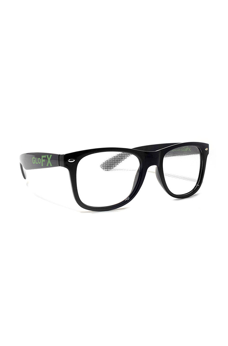 Wayfarer-style sunglasses with glossy black frames and clear diffraction lenses showing a faint heart-pattern etching, with HEART Diffraction Glasses logo printed below the product.