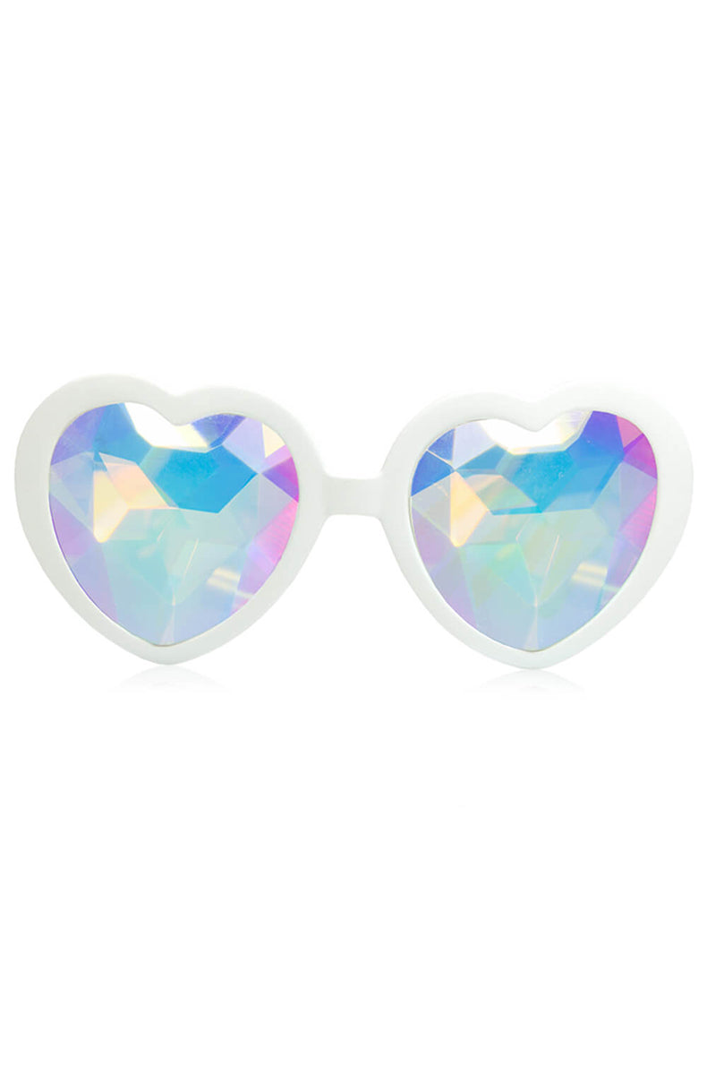 Heart-shaped sunglasses with glossy white frames and faceted iridescent kaleidoscope crystal lenses.