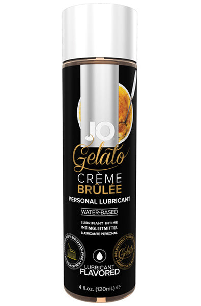 JO Gelato Creme Brulee water-based flavored lubricant in a 4 fl oz black bottle with gold script and creme brulee artwork.