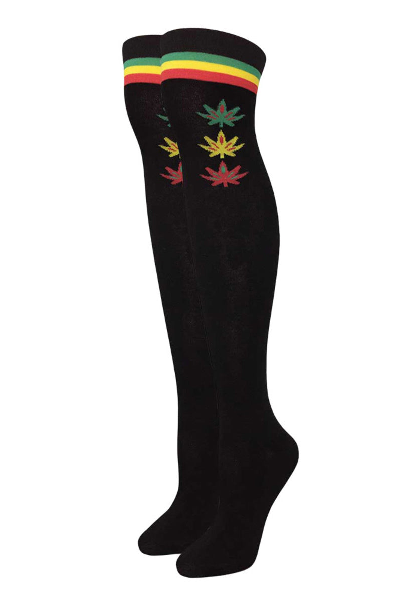 Black over-the-knee socks with a green-yellow-red Rasta stripe at the top and three knit cannabis leaves in Rasta colors descending the upper thigh.