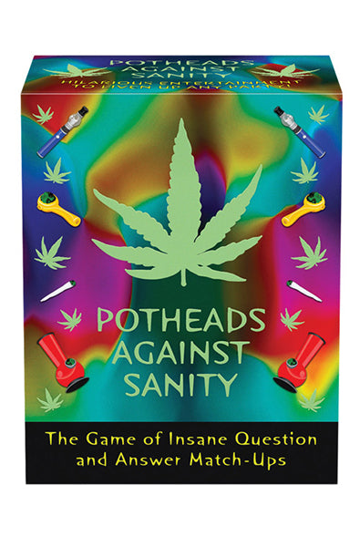 Potheads Against Sanity card-match party game box with question and answer card stacks and an 8-sided die.