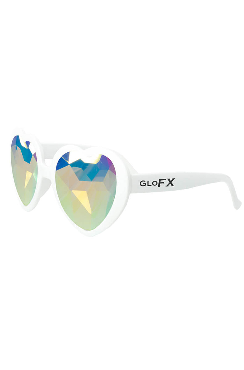 Heart-shaped sunglasses with glossy white frames and faceted iridescent kaleidoscope crystal lenses.