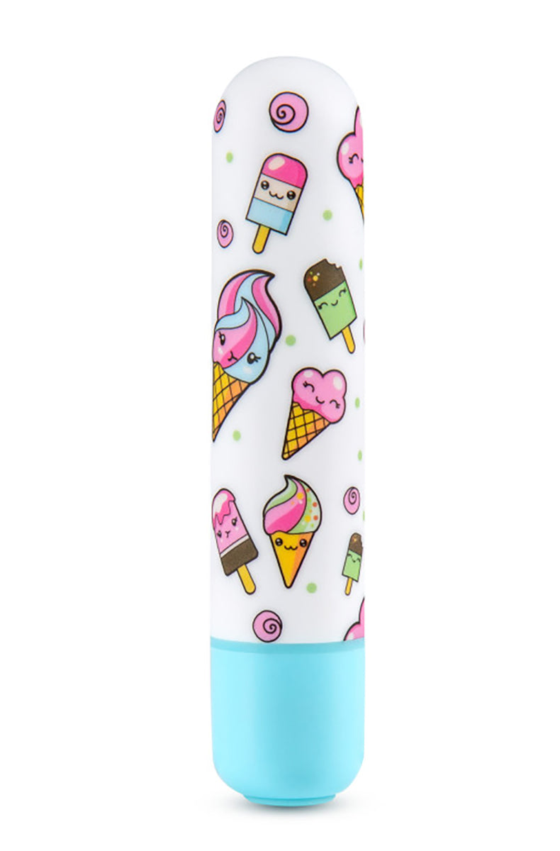 Mini Sweet Cream Bullet vibrator with white shaft printed in ice cream cones, popsicles, and pink swirls, light blue base.