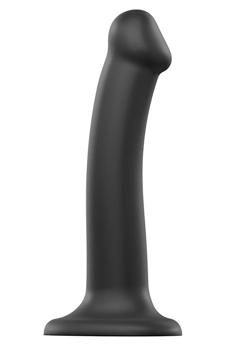 Matte black silicone dildo with a smooth tapered head, gently curved shaft, and a heart-shaped suction cup base.