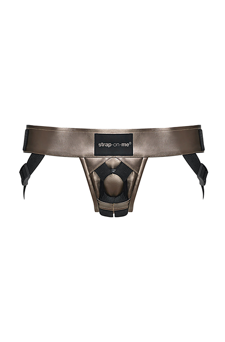 Front view of Strap On Me bronze leatherette harness flat showing waistband, O-ring panel, Velcro thigh straps.