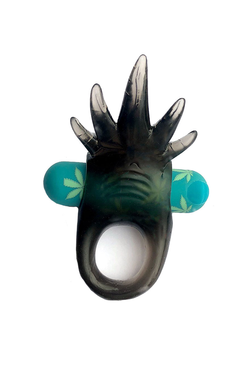 Black-and-teal Ziggy Weed cock ring with clawed clitoral stim tip and teal bullet printed with green cannabis leaves.