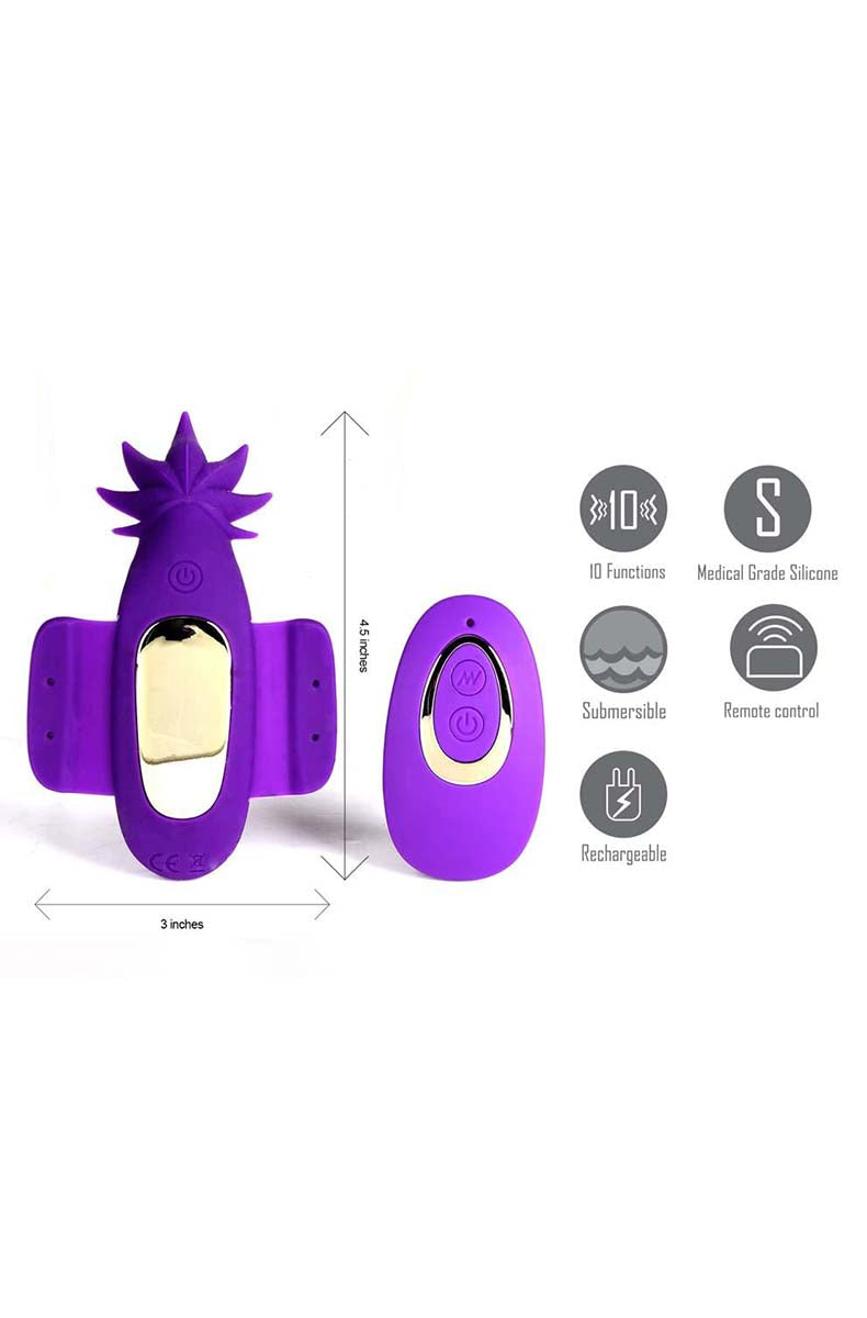 Purple silicone cannabis-leaf shaped Sativa panty vibrator with magnetic side flaps, alternate angle.