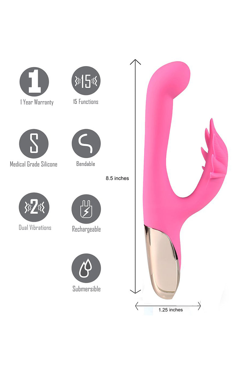 Pink Maui silicone 420 rabbit vibrator at angle, showing pot-leaf shaped clitoral arm beside a smooth shaft.