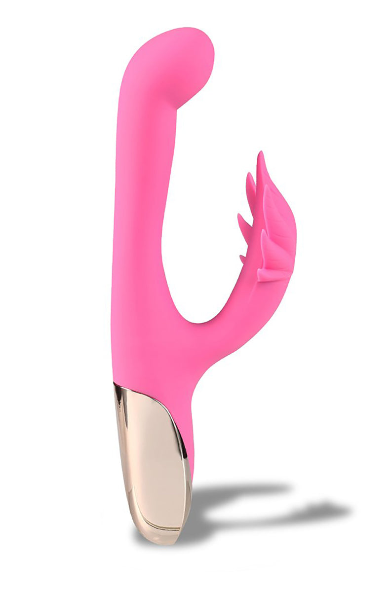 Maui 420 rabbit vibrator in pink with curved G-spot shaft, sculpted cannabis-leaf clit arm, rose-gold metallic base.