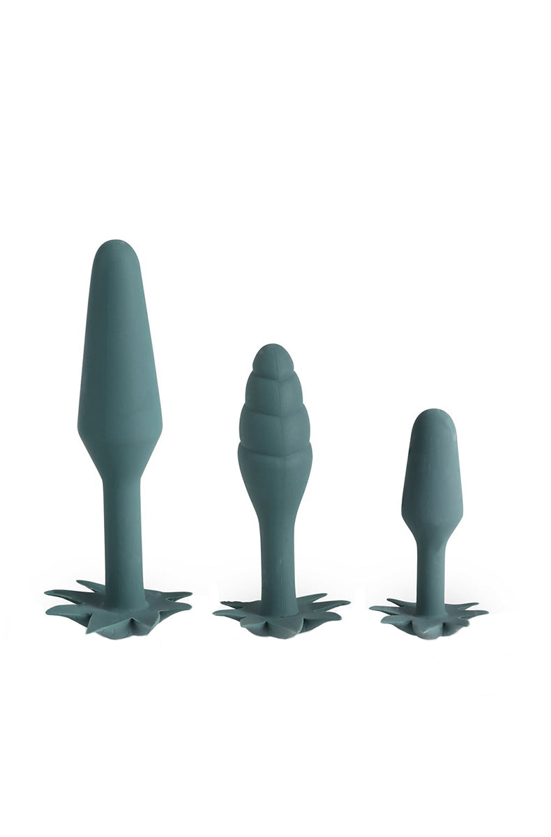 Doobie 420 anal set, three dark green silicone plugs, small smooth, medium ribbed, large tapered, pot-leaf flared bases.