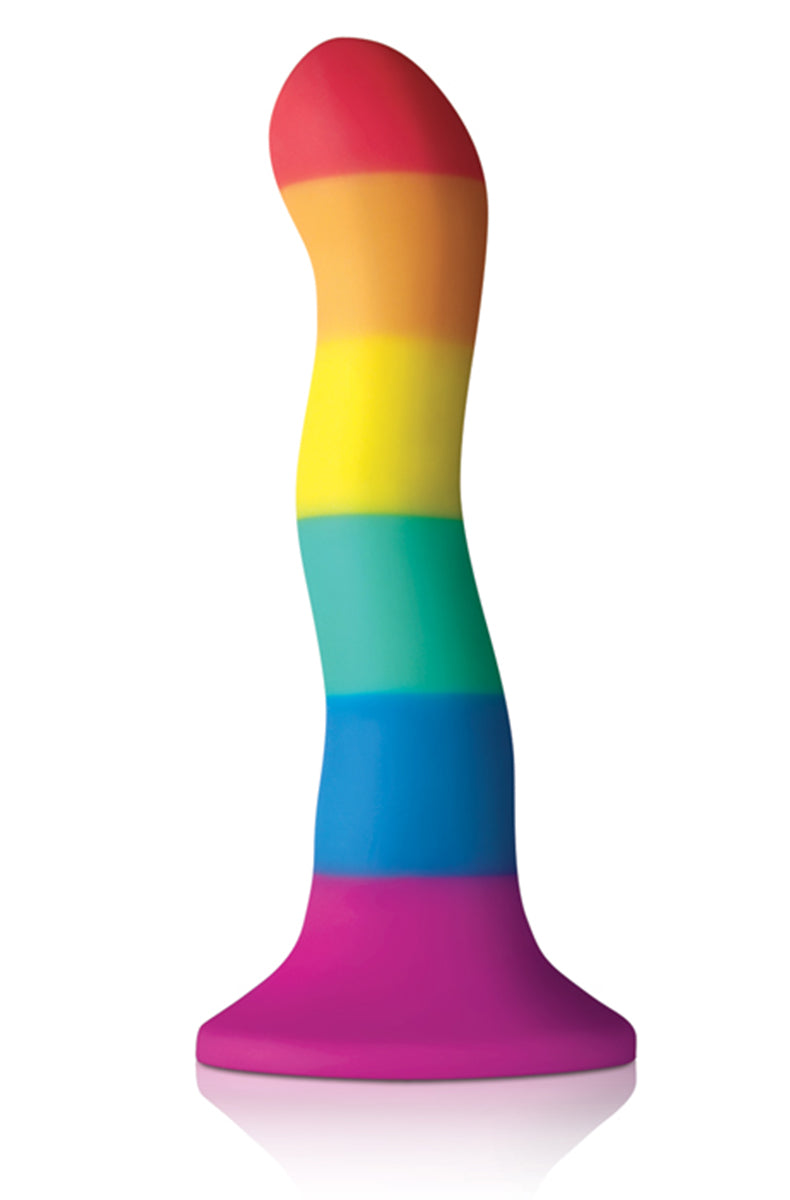 Wavy curved silicone dildo painted in horizontal rainbow stripes from red tip to purple base, on a round suction cup.
