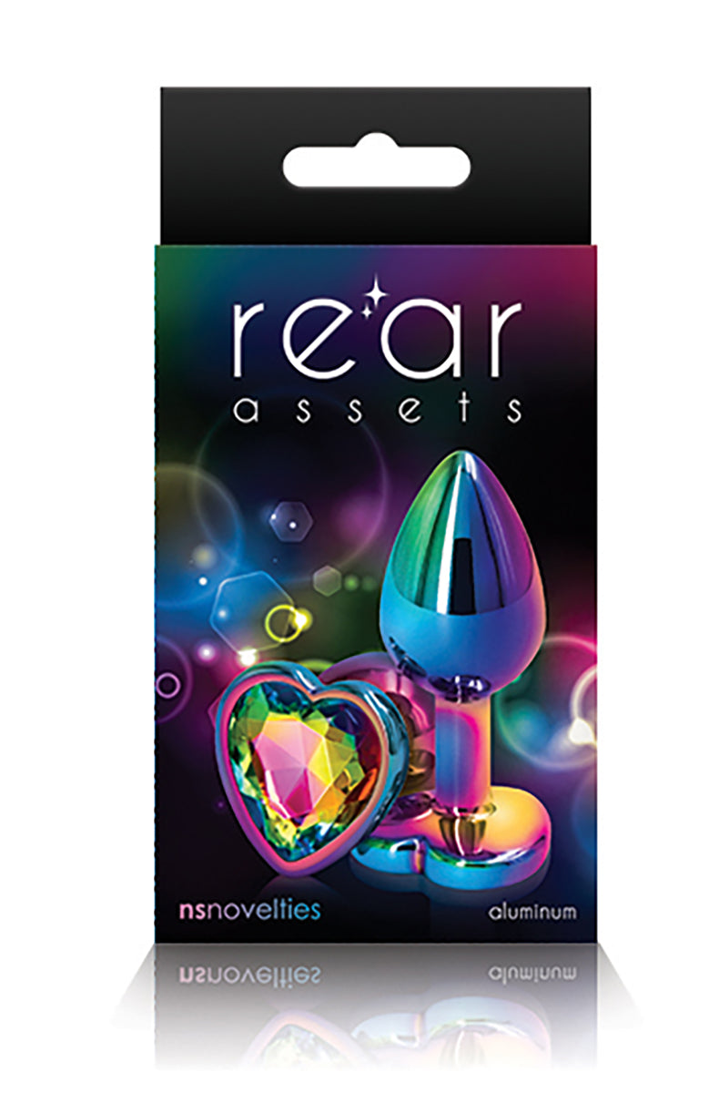Alternate view of the rainbow small butt plug showing the rainbow heart gem in the flared heart base.