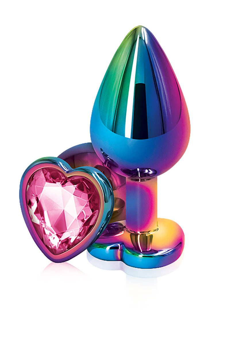 Rainbow chrome medium butt plug with a tapered shaft and a flared heart base set with a pink heart gem. NS Novelties.