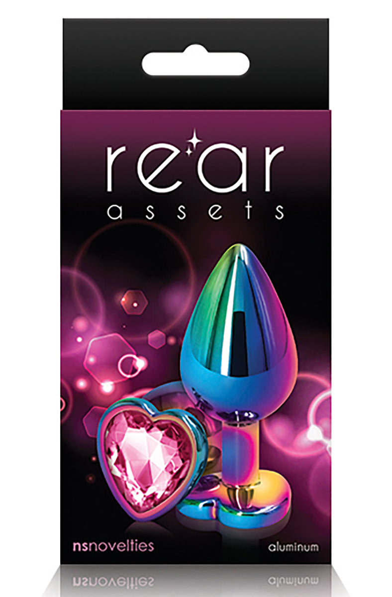Alternate view of the rainbow medium butt plug showing the pink heart gem in the flared heart base.