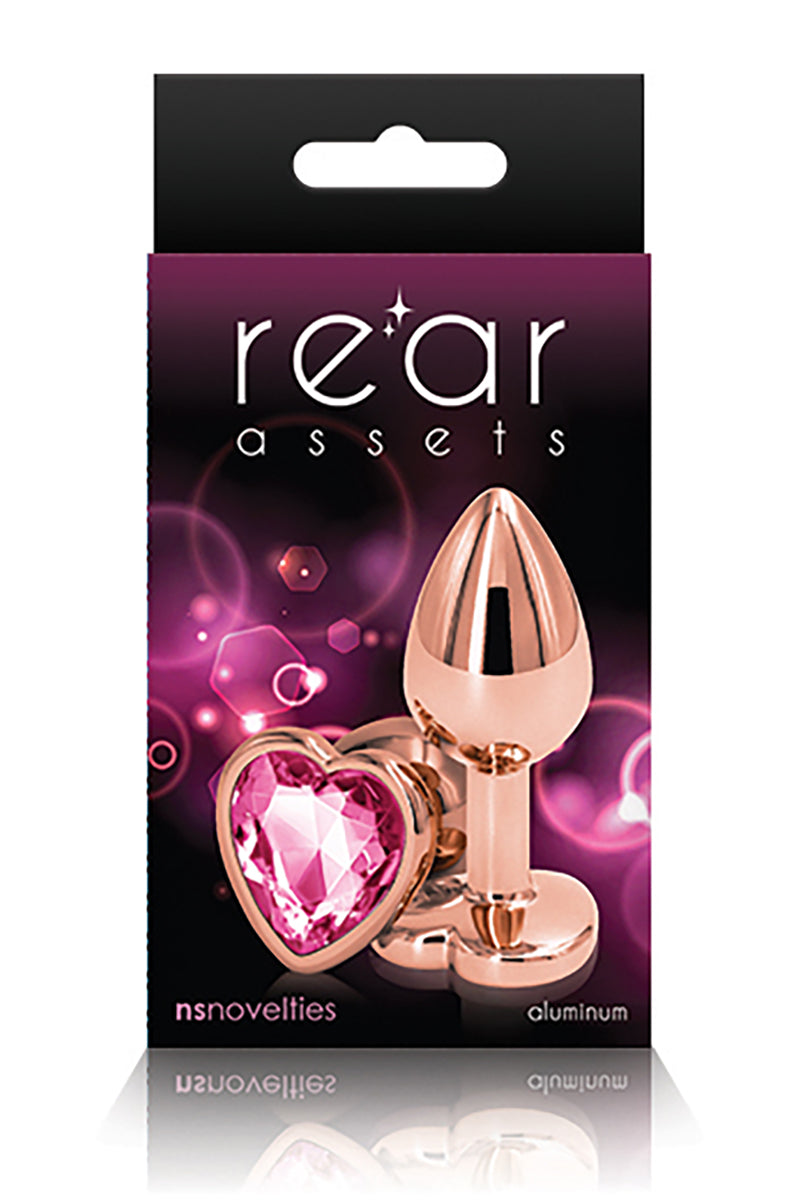 Alternate view: Rose gold chrome aluminum butt plug with a tapered shaft and a flared heart base set with a faceted pink gem.