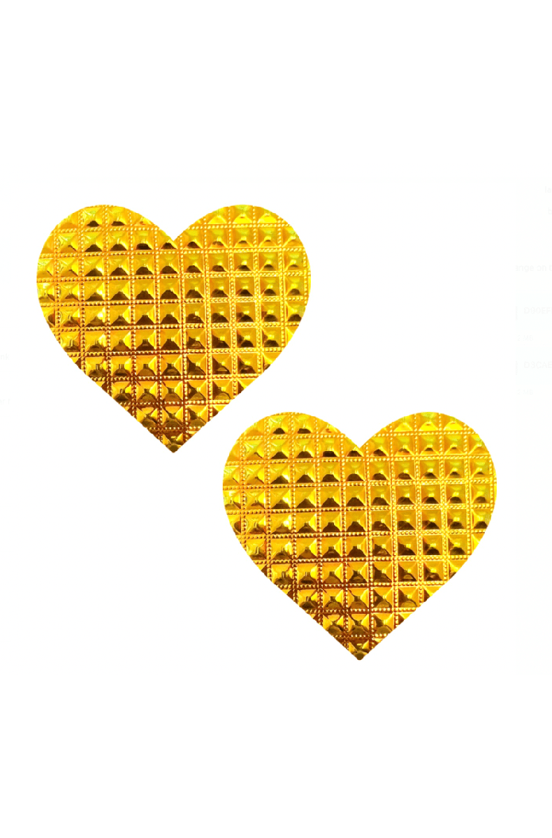 Two chrome gold heart-shaped pasties with a raised 3D pyramid-stud texture across the surface.
