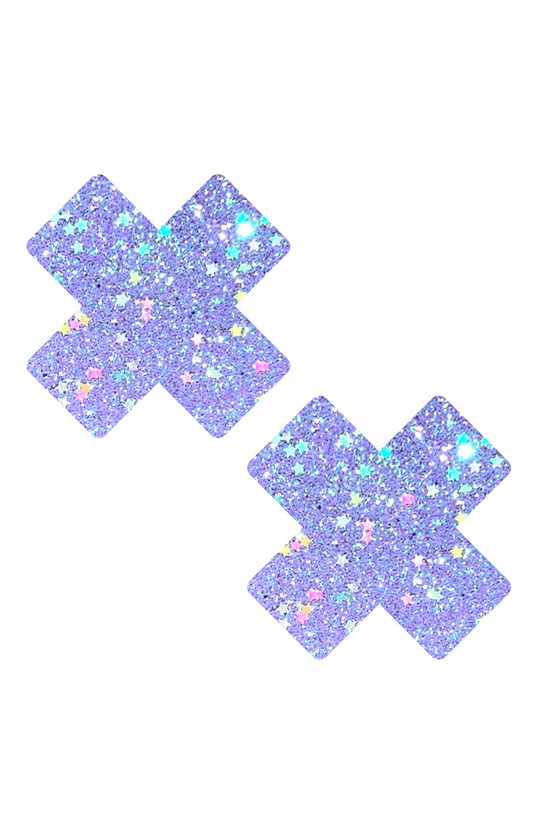 Two X-shaped pasties in soft lavender glitter scattered with small pastel star-shaped confetti in pink, mint, blue, and yellow.