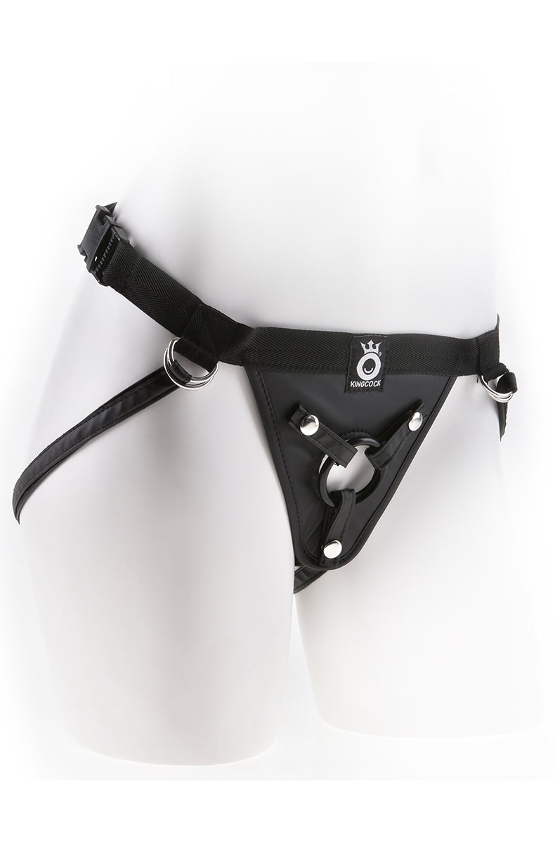 Black King Cock vinyl strap-on harness on a mannequin with thong straps, side buckle, and Velcro O-ring panel.