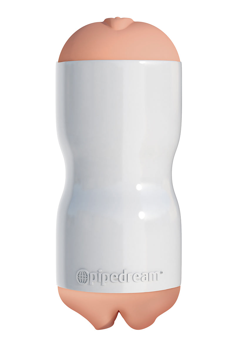 Pipedream Extreme Tight Grip dual-density stroker with soft Fanta Flesh sleeve and firm TPR shell, beige white.
