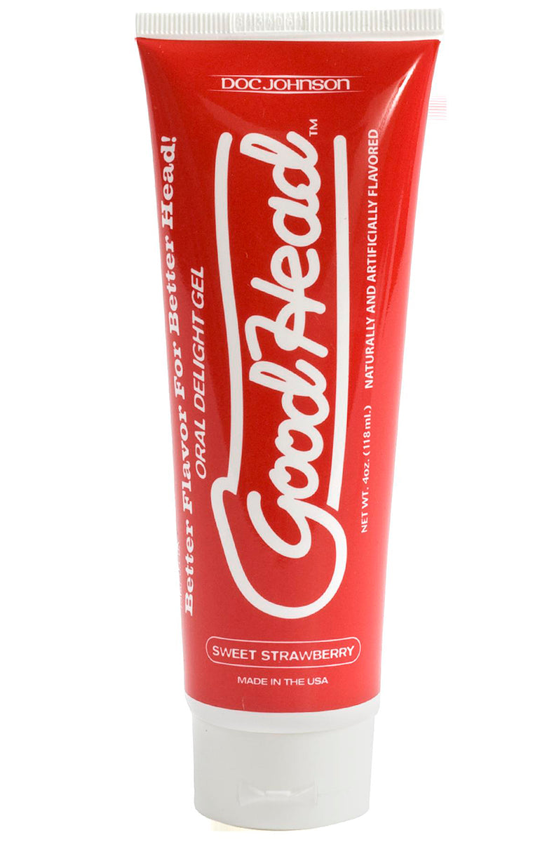 Red 4 oz tube of Doc Johnson GoodHead Oral Delight Gel in sweet strawberry, white cap, white script logo.