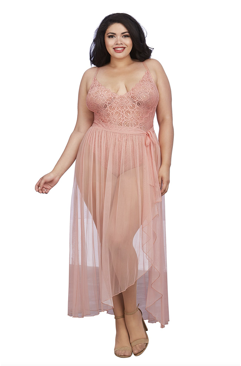 Rose-pink mosaic stretch-lace teddy with criss-cross straps and a sheer rose mesh maxi skirt tied at the front waist.
