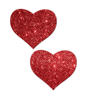 Two heart-shaped pasties cut from chunky red glitter material.